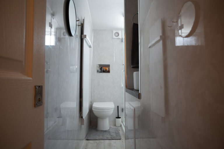 Shower room with a walk-in shower, toilet and basin.